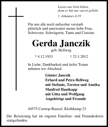 Traueranzeige von Gerda Janczik von Tageszeitung