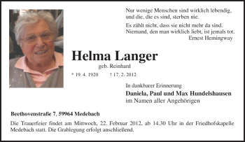 Traueranzeige von Helma Langer von Tageszeitung