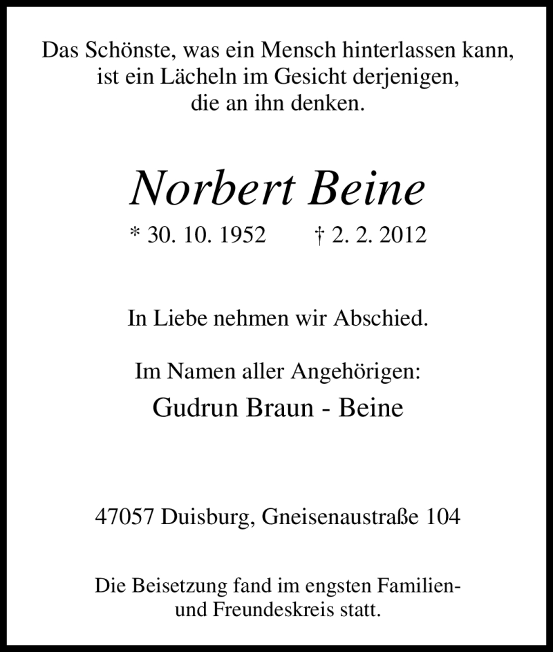  Traueranzeige für Norbert Beine vom 11.02.2012 aus Tageszeitung
