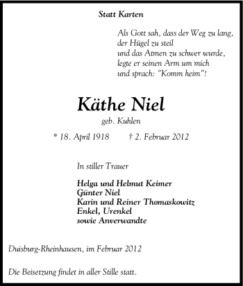 Traueranzeige von Käthe Niel von Tageszeitung