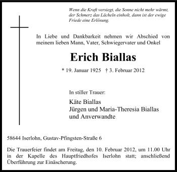 Traueranzeige von Erich Biallas von Tageszeitung