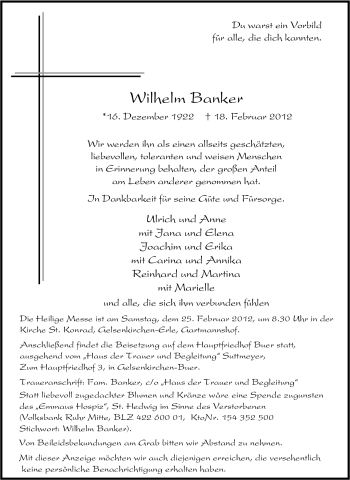 Traueranzeige von Wilhelm Banker von Tageszeitung