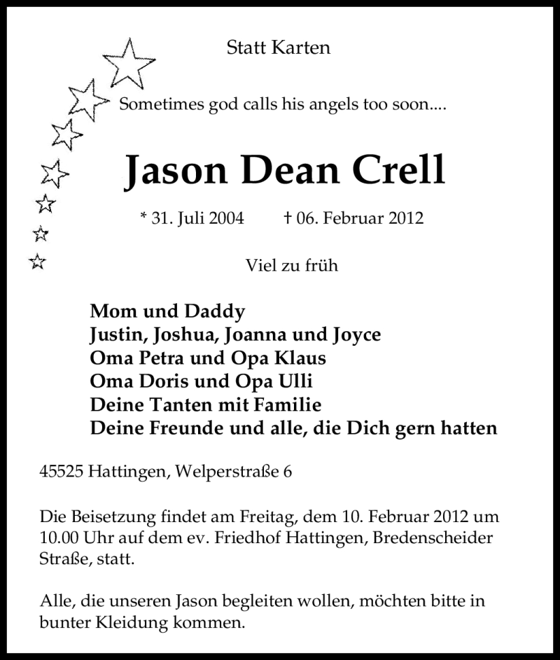  Traueranzeige für Jason Dean Crell vom 08.02.2012 aus Tageszeitung