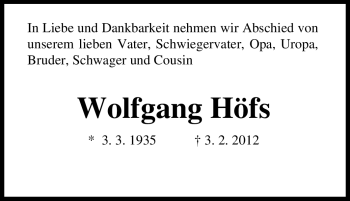 Traueranzeige von Wolfgang Höfs von Tageszeitung