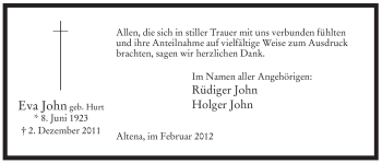 Traueranzeige von Eva John von Tageszeitung