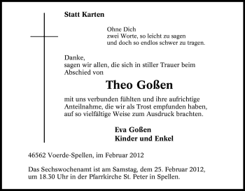 Traueranzeige von Theo Goßen von Tageszeitung