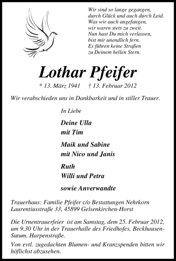 Traueranzeige von Lothar Pfeifer von Tageszeitung