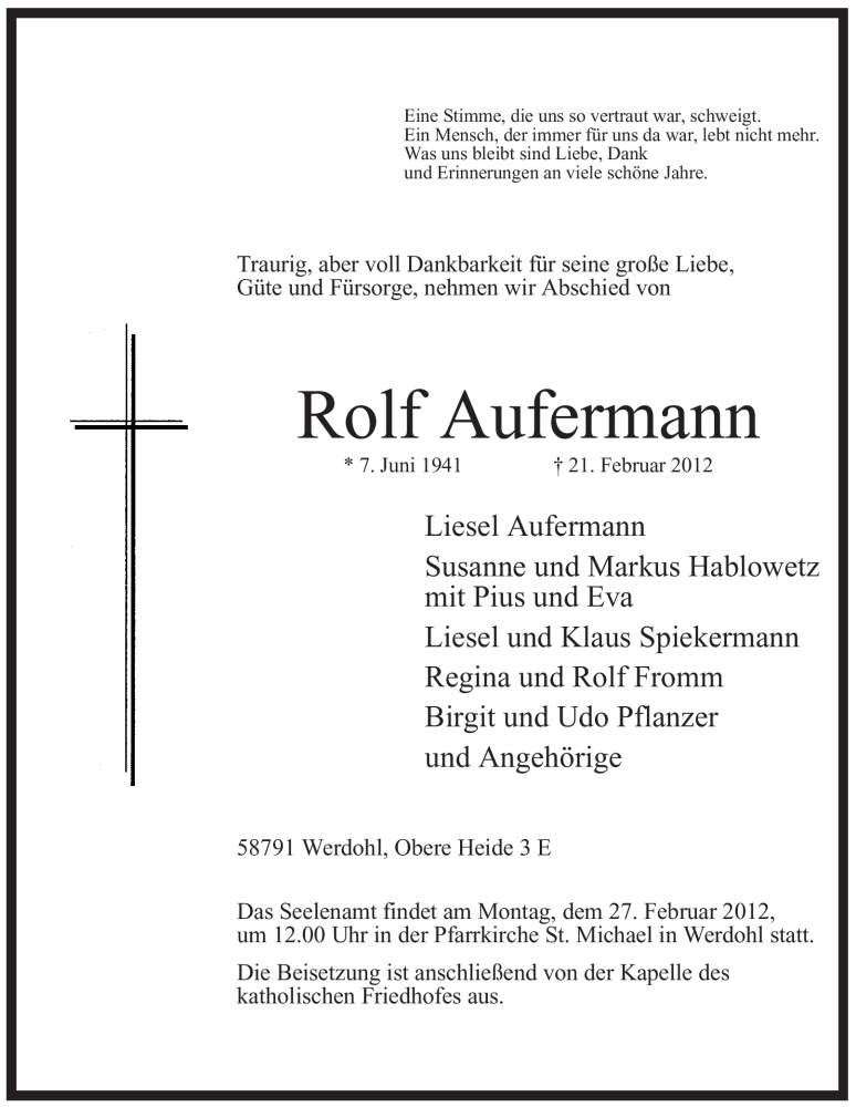  Traueranzeige für Rolf Aufermann vom 24.02.2012 aus Tageszeitung