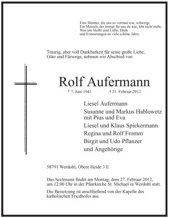Traueranzeige von Rolf Aufermann von Tageszeitung