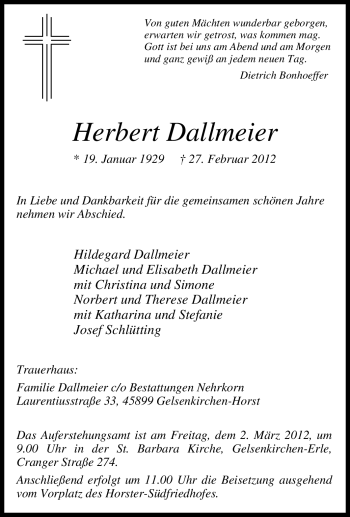 Traueranzeige von Herbert Dallmeier von Tageszeitung