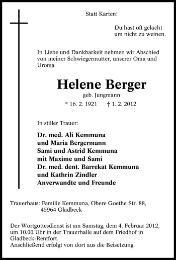Traueranzeige von Helene Berger von Tageszeitung