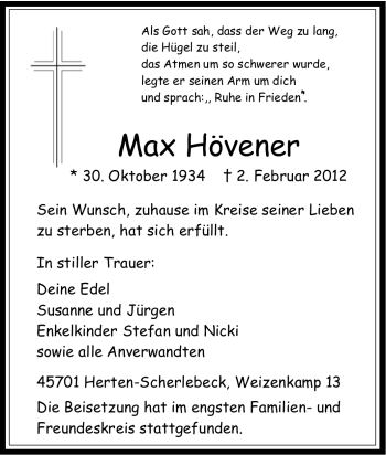 Traueranzeige von Max Hövener von Tageszeitung