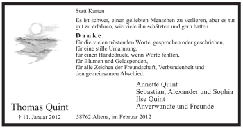 Traueranzeige von Thomas Quint von Tageszeitung