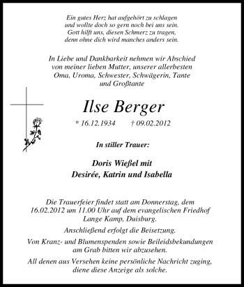 Traueranzeige von Ilse Berger von Tageszeitung