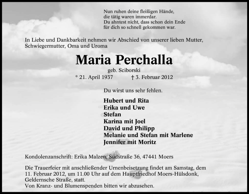  Traueranzeige für Maria Perchalla vom 07.02.2012 aus Tageszeitung