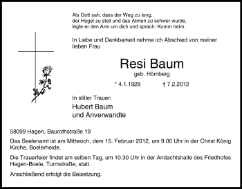 Traueranzeige von Resi Baum von Tageszeitung