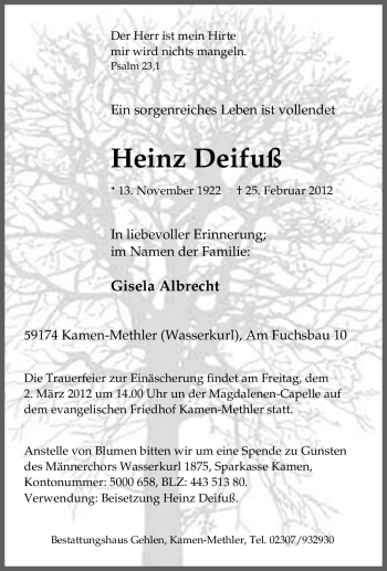 Traueranzeige von Heinz Deifuß von Tageszeitung
