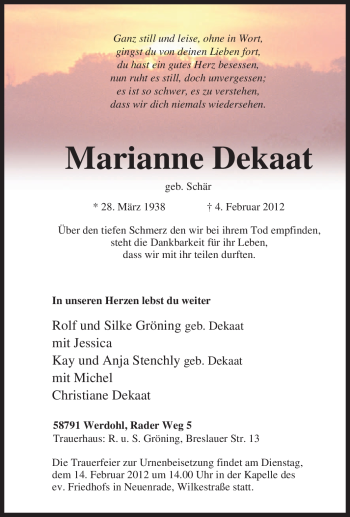 Traueranzeige von Marianne Dekaat von Tageszeitung