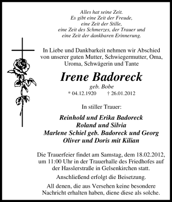 Traueranzeige von Irene Badoreck von Tageszeitung