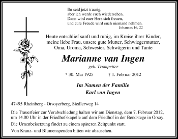 Traueranzeige von Marianne van Ingen von Tageszeitung