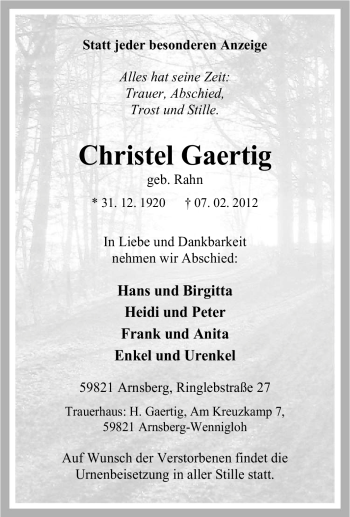 Traueranzeige von Christel Gaertig von Tageszeitung