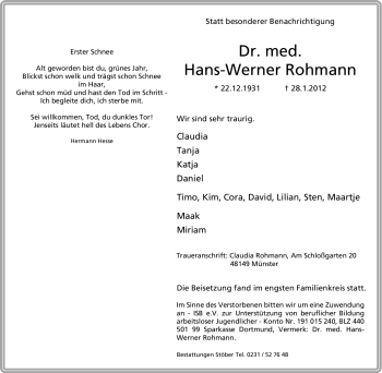 Traueranzeige von Hans-Werner Rohmann von Tageszeitung