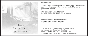 Traueranzeige von Heinz Plassmann von Tageszeitung