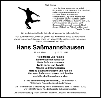 Traueranzeige von Hans Saßmannshausen von Tageszeitung