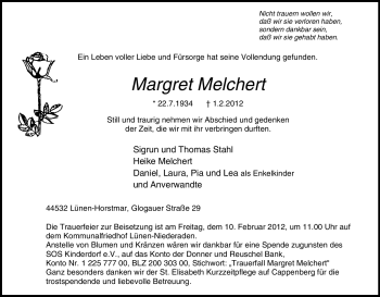 Traueranzeige von Margret Melchert von Tageszeitung