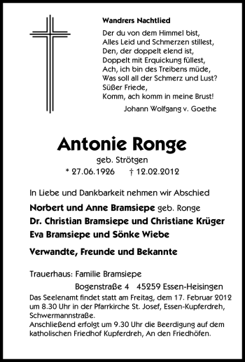 Traueranzeige von Antonie Ronge von Tageszeitung