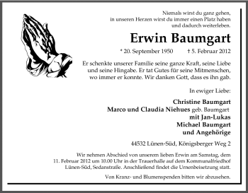 Traueranzeige von Erwin Baumgart von Tageszeitung