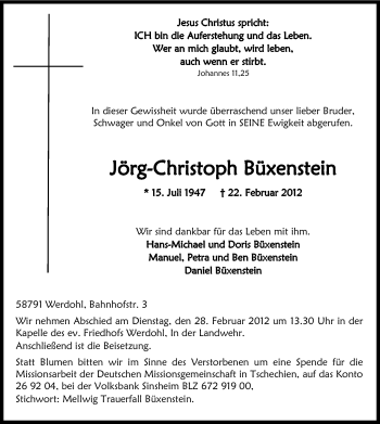 Traueranzeige von Jörg-Christoph Büxenstein von Tageszeitung