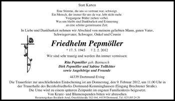 Traueranzeige von Friedhelm Pepmöller von Tageszeitung