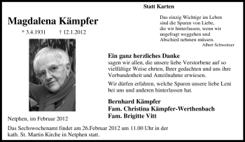 Traueranzeige von Magdalena Kämpfer von Tageszeitung