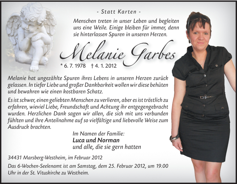  Traueranzeige für Melanie Garbes vom 11.02.2012 aus Tageszeitung