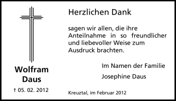 Traueranzeige von Wolfram Daus von Tageszeitung