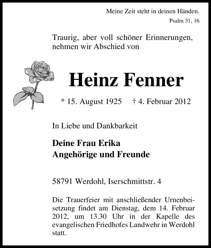  Traueranzeige für Heinz Fenner vom 09.02.2012 aus Tageszeitung