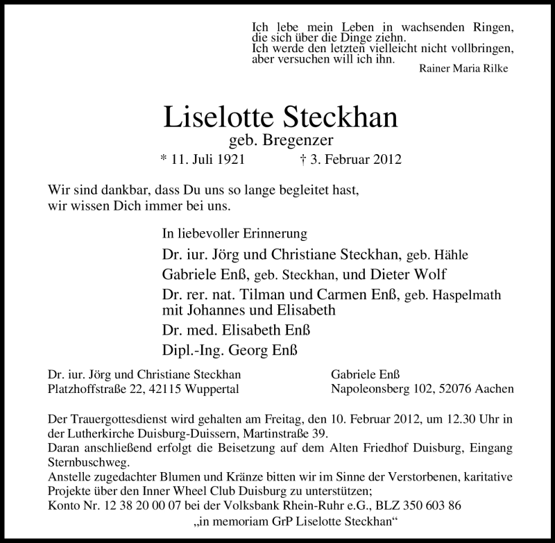  Traueranzeige für Liselotte Steckhan vom 08.02.2012 aus Tageszeitung