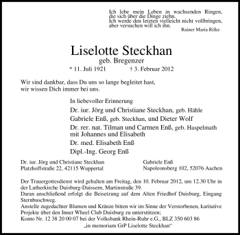 Traueranzeige von Liselotte Steckhan von Tageszeitung