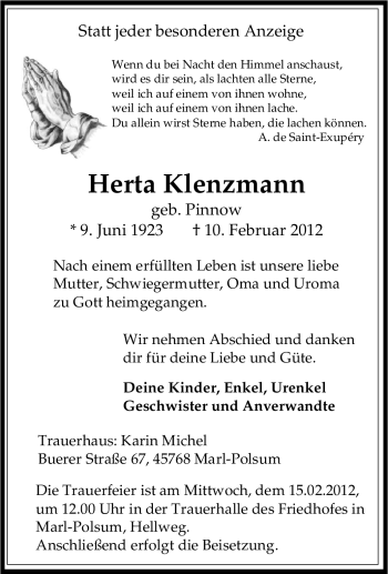 Traueranzeige von Herta Klenzmann von Tageszeitung