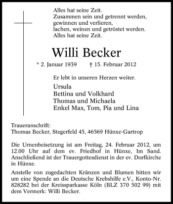 Traueranzeige von Willi Becker von Tageszeitung