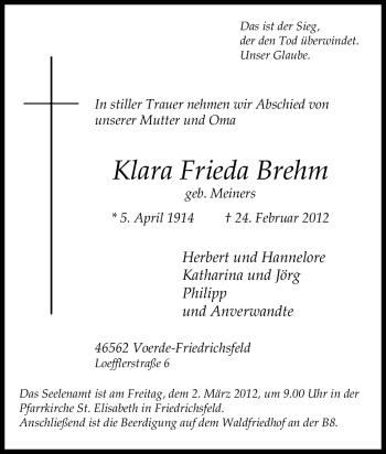 Traueranzeige von Klara Frieda Brehm von Tageszeitung