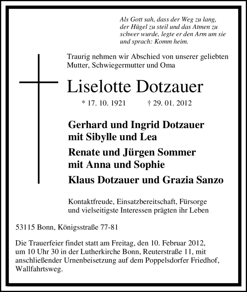  Traueranzeige für Liselotte Dotzauer vom 04.02.2012 aus Tageszeitung