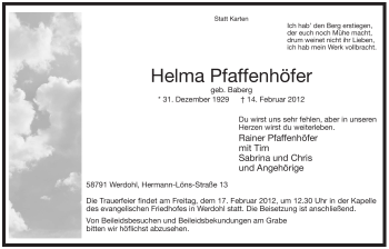 Traueranzeige von Helma Pfaffenhöfer von Tageszeitung