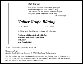 Traueranzeige von Volker Große-Büning von Tageszeitung