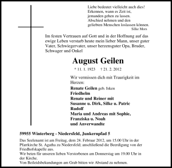 Traueranzeige von August Geilen von Tageszeitung