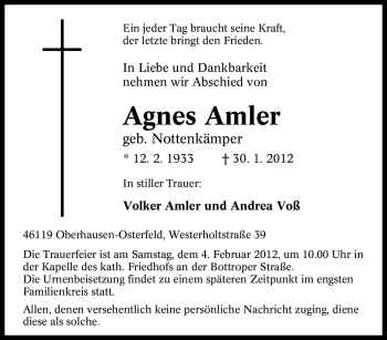 Traueranzeige von Agnes Amler von Tageszeitung
