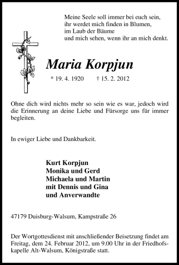 Traueranzeige von Maria Korpjun von Tageszeitung