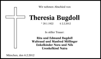 Traueranzeige von Theresia Bugdoll von Tageszeitung