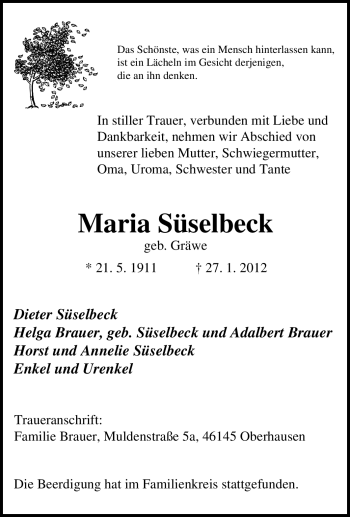 Traueranzeige von Maria Süselbeck von Tageszeitung